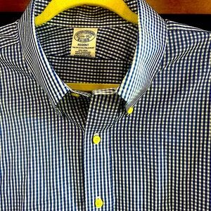 Brooks Brothers Navy Blue & White Gingham Button Down Dress Shirt Size 17 1/2 35